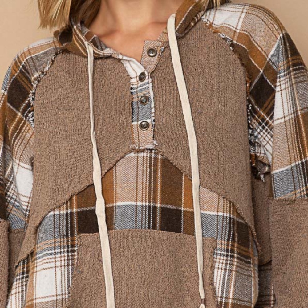 POL Plaid Oversized Hoodie Women's Plaid Contrast Top with Raw edge detail #S28 - Picture 4 of 7
